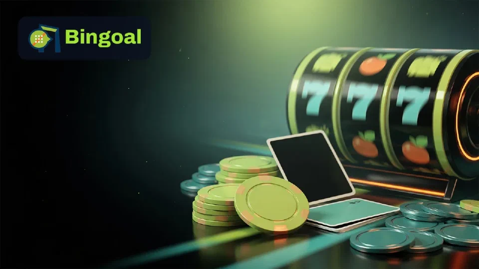 Illustratie: casinofiches, kaarten en gokkast in de kleuren van Bingoal