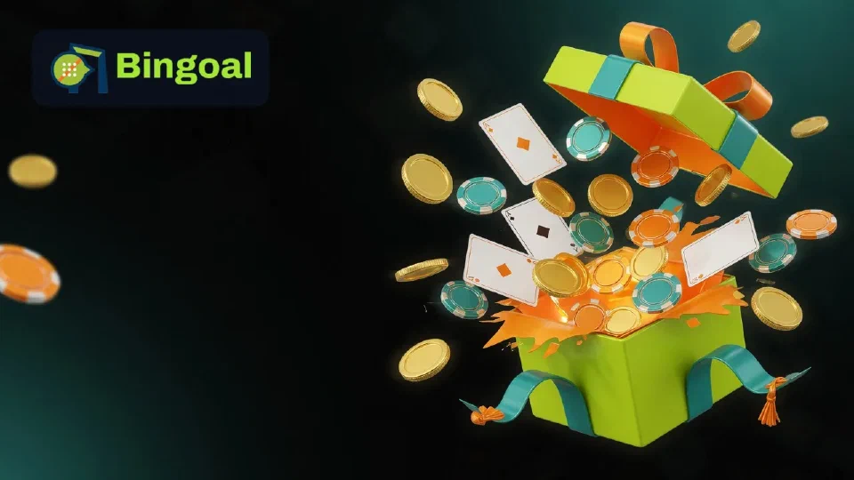 Illustratie: cadeaudoos met munten en free spins in de kleuren van Bingoal