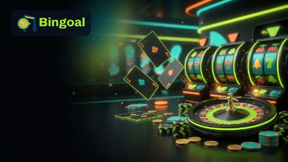 Illustratie: casinolobby met gokkasten en roulette in de kleuren van Bingoal
