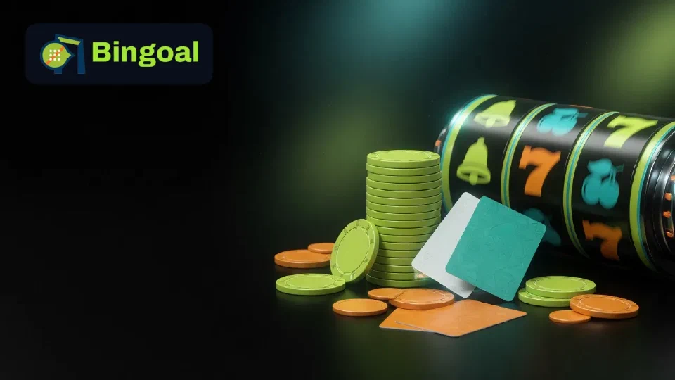 Illustratie: casinofiches, kaarten en gokkast in de kleuren van Bingoal
