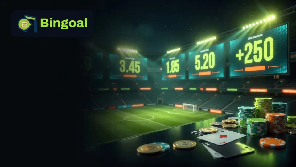 Illustratie: voetbalstadion met odds in de kleuren van Bingoal